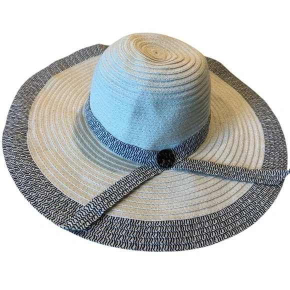 World Market Wide Brim Straw Hat with Blue‎ Trim and Bow With Button Style - Picture 2 of 15